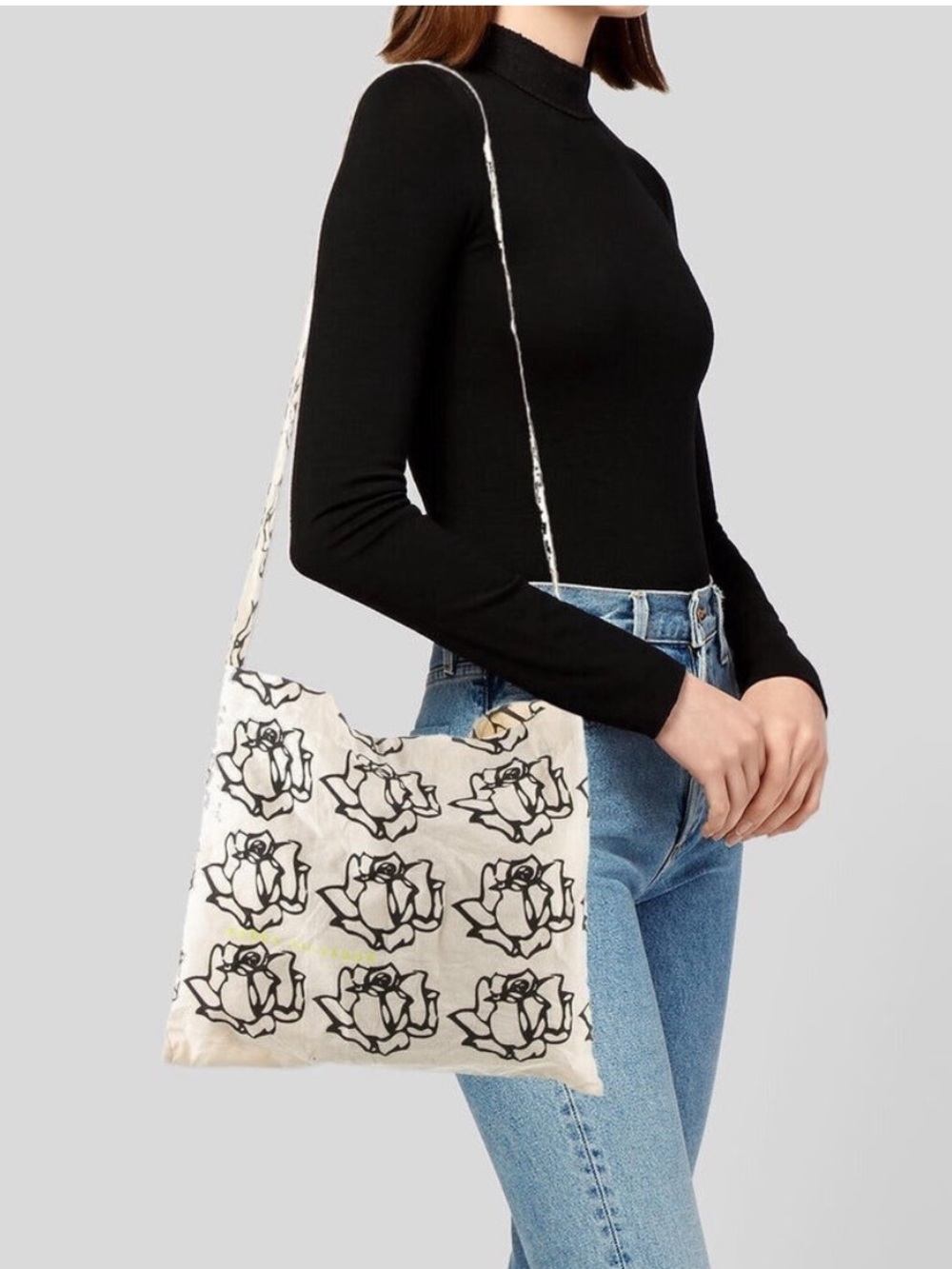 Freda Salvador Natural Canvas Tote Bag w/ Black Rose Block Print